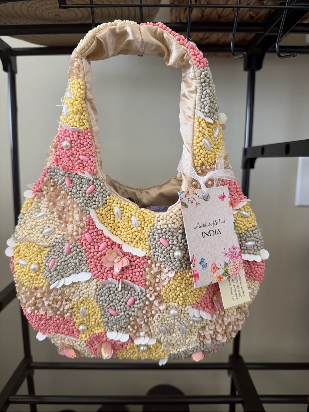 Handcrafted Beaded Women’s Shoulder Bag - Pink, Yellow, Cream